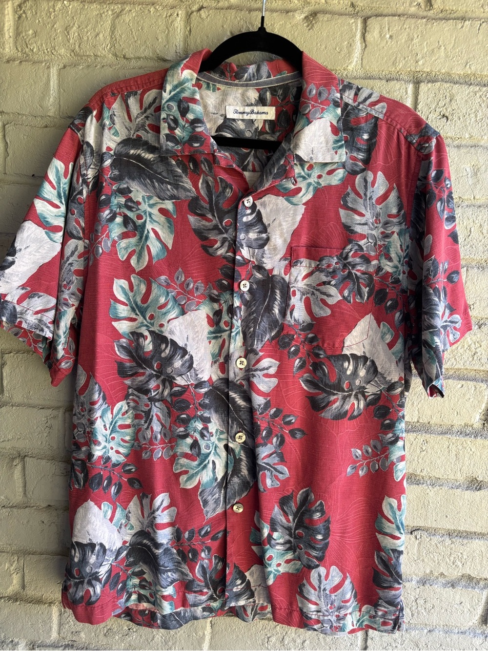 Tommy Bahama Coral Red Tropical Leaf Camp Shirt with Teal and Charcoal Accents